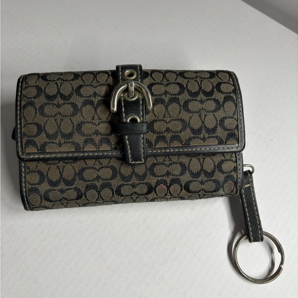 Coach Handbags - Coach Signature Canvas Flap Wallet Wristlet Key Ring Brown Black
